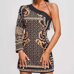 Καλοκαίρι Jacquard Knit Slant Souther Long Sleeve, Beaded Slim φορέματα