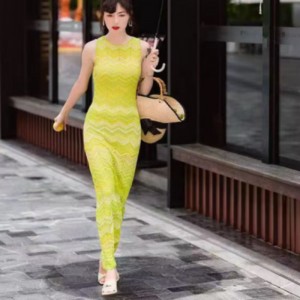 Καλοκαίρι πλεκτό στρογγυλό λαιμό μακρύ μανίκι Intercolor Cardigan, V-Αμάνικο λαιμό μακρύ πλεκτό ριγέ φόρεμα σετ